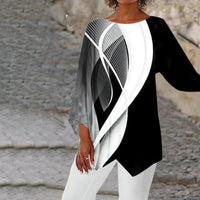 Johanna | Damen Geometrische Langarm-Tunika mit asymmetrischem Saum – Schwarz und weiß