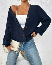 Damen Gerippte Strickjacke mit V-Ausschnitt Knopfverschluss und Ballonärmeln – Marine