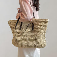 Johanna | Damen großer geflochtener Bohemian Stroh Tote Bag Schultertasche – Beige