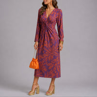Sophie | Damen Herbst Hochzeitsgast Kleid Boho Blumen Twist Midi V-Ausschnitt – Lila