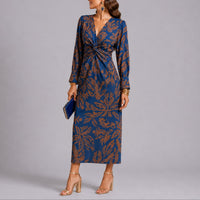 Sophie | Damen Herbst Hochzeitsgast Kleid Boho Blumen Twist Midi V-Ausschnitt – Blau