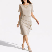 Frieda | Damen Herbst Hochzeitsgast Kleid Layered Midi Kurzarm – Beige