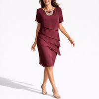 Frieda | Damen Herbst Hochzeitsgast Kleid Layered Midi Kurzarm – Rot