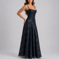 Marlene | Damen Herbst Hochzeitsgast Maxi Kleid Blumen Korsett Träger – Marine