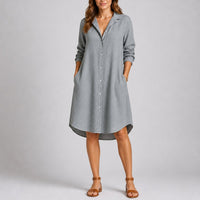 Charlotte | Damen Herbst Hochzeitskleid Langarm Hemdblusenkleid Midi Knopfleiste – Grau