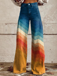 Mia | Damen Hochbund Wide-Leg Jeans Chevron Farbverlauf Retro – Sunset-Chevron-Muster