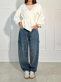 Damen Hose mit weitem Bein Strassbesatz Seitentasche mit Klappe und Knopfverschluss – Dunkelblau