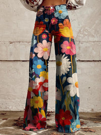 Damen Hose mit weiten Beinen hohem Bund und buntem Blumendruck – Mehrfarbig
