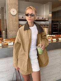 Damen Jacke mit Reißverschluss Kontrastkragen und Taillenbund – Khaki