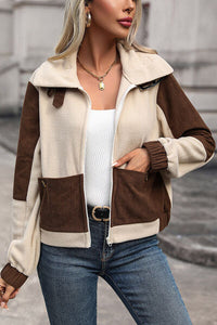 Damen Jacke mit Reißverschluss Umlegekragen und Zweifarbigem Farbblock Muster – Cremefarben