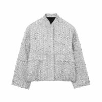 Damen Jacke mit Stehkragen und Pailletten und Klappentaschen – Silber