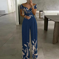Damen Jumpsuit mit Off-Shoulder-Ausschnitt und Wickeloberteil mit weitem Bein – Blau mit Blätterdruck