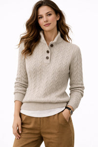 Elisabeth | Damen Kabelstrick Wollmix Rollkragen Sweater mit Knopfleiste – Grau