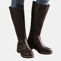 Nora | Damen Kniehohe Stiefel mit Schnalle und Reißverschluss – Dunkelbraun