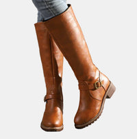 Nora | Damen Kniehohe Stiefel mit Schnalle und Reißverschluss – Braun