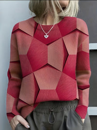 Hannah | Damen Knit Sweater mit geometrischem 3D-Muster Rundhals Langarm – Rot