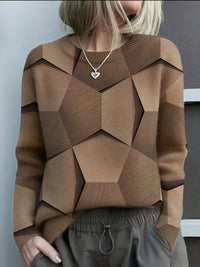 Hannah | Damen Knit Sweater mit geometrischem 3D-Muster Rundhals Langarm – Braun