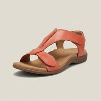 Greta | Damen Komfortable Sandalen T-Strap Klettverschluss Offene Zehenpartie – Sonnenuntergangsorange