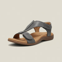 Greta | Damen Komfortable Sandalen T-Strap Klettverschluss Offene Zehenpartie – Anthrazitgrau