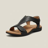 Greta | Damen Komfortable Sandalen T-Strap Klettverschluss Offene Zehenpartie – Tiefschwarz