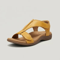 Greta | Damen Komfortable Sandalen T-Strap Klettverschluss Offene Zehenpartie – Senfgelb