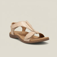 Greta | Damen Komfortable Sandalen T-Strap Klettverschluss Offene Zehenpartie – Nude-Beige