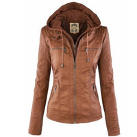 Katharina | Damen Kunstleder Bikerjacke mit Abnehmbarer Kapuze Reißverschluss – Braun