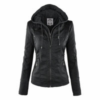 Katharina | Damen Kunstleder Bikerjacke mit Abnehmbarer Kapuze Reißverschluss – Schwarz