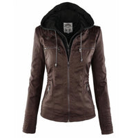 Katharina | Damen Kunstleder Bikerjacke mit Abnehmbarer Kapuze Reißverschluss – Dunkelbraun