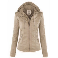 Katharina | Damen Kunstleder Bikerjacke mit Abnehmbarer Kapuze Reißverschluss – Beige