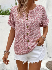 Damen Kurzarm Hemd mit Blumenmuster und V-förmigem Halsbereich – Rosa