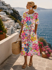 Hannah | Damen Kurzarm Midi Dress mit buntem Blumenmuster locker geschnitten – Rosa