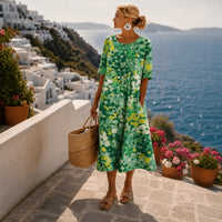 Hannah | Damen Kurzarm Midi Dress mit buntem Blumenmuster locker geschnitten – Grün