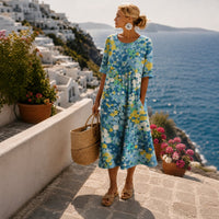 Hannah | Damen Kurzarm Midi Dress mit buntem Blumenmuster locker geschnitten – Blau