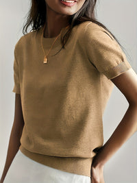 Nora | Damen Kurzarm Rundhals Knit Sweater Top Lockere Passform – Erdgold