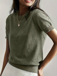 Nora | Damen Kurzarm Rundhals Knit Sweater Top Lockere Passform – Oliv