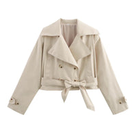 Damen Kurze Jacke mit Doppelreihiger Knopfleiste und Bindegürtel – Beige