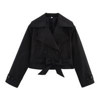 Damen Kurze Jacke mit Doppelreihiger Knopfleiste und Bindegürtel – Schwarz