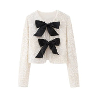 Damen Kurze Jacke mit Paillettenoberfläche und Schleifen – Weiß