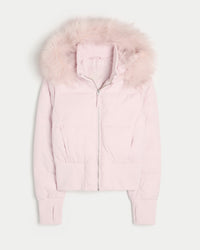 Damen Kurze Steppjacke mit Fellkapuze Frontreißverschluss und langen Ärmeln – Rosa