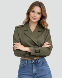 Amelie | Damen Kurzer Taillierter Trench Coat Doppelreihig Gürteljacke – Oliv