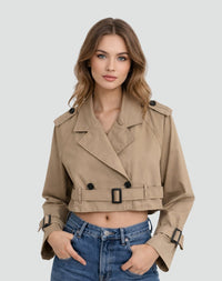 Amelie | Damen Kurzer Taillierter Trench Coat Doppelreihig Gürteljacke – Braun