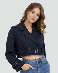 Amelie | Damen Kurzer Taillierter Trench Coat Doppelreihig Gürteljacke – Marine