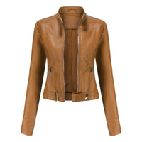 Hannah | Damen Kurzgeschnittene Biker Kunstleder Jacke mit Reißverschluss – Hellbraun