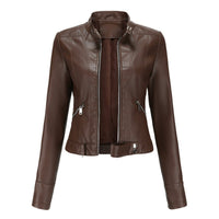 Hannah | Damen Kurzgeschnittene Biker Kunstleder Jacke mit Reißverschluss – Braun