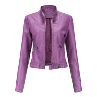 Hannah | Damen Kurzgeschnittene Biker Kunstleder Jacke mit Reißverschluss – Dunkelviolett
