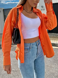 Damen lässige Bluse mit Knopfleiste | Langarm – Orange
