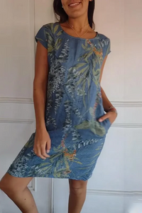 Damen lässiges geblümtes Kleid mit Taschen | Mini – Dunkelblau