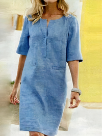 Damen lässiges kurzärmliges Kleid | Midi – Himmelblau