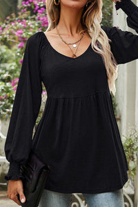 Mia | Damen Langarm Babydoll-Tunika mit V-Ausschnitt geraffter Taille – Schwarz